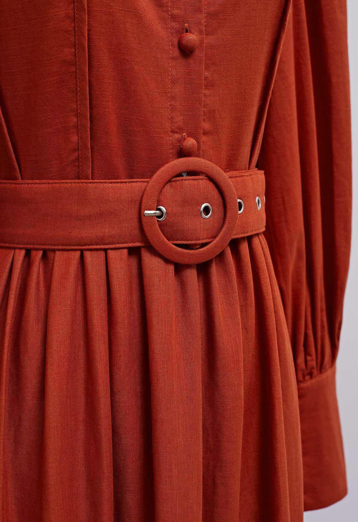 Lantern Sleeve Button Down Linen-Blend Midi Dress in Orange