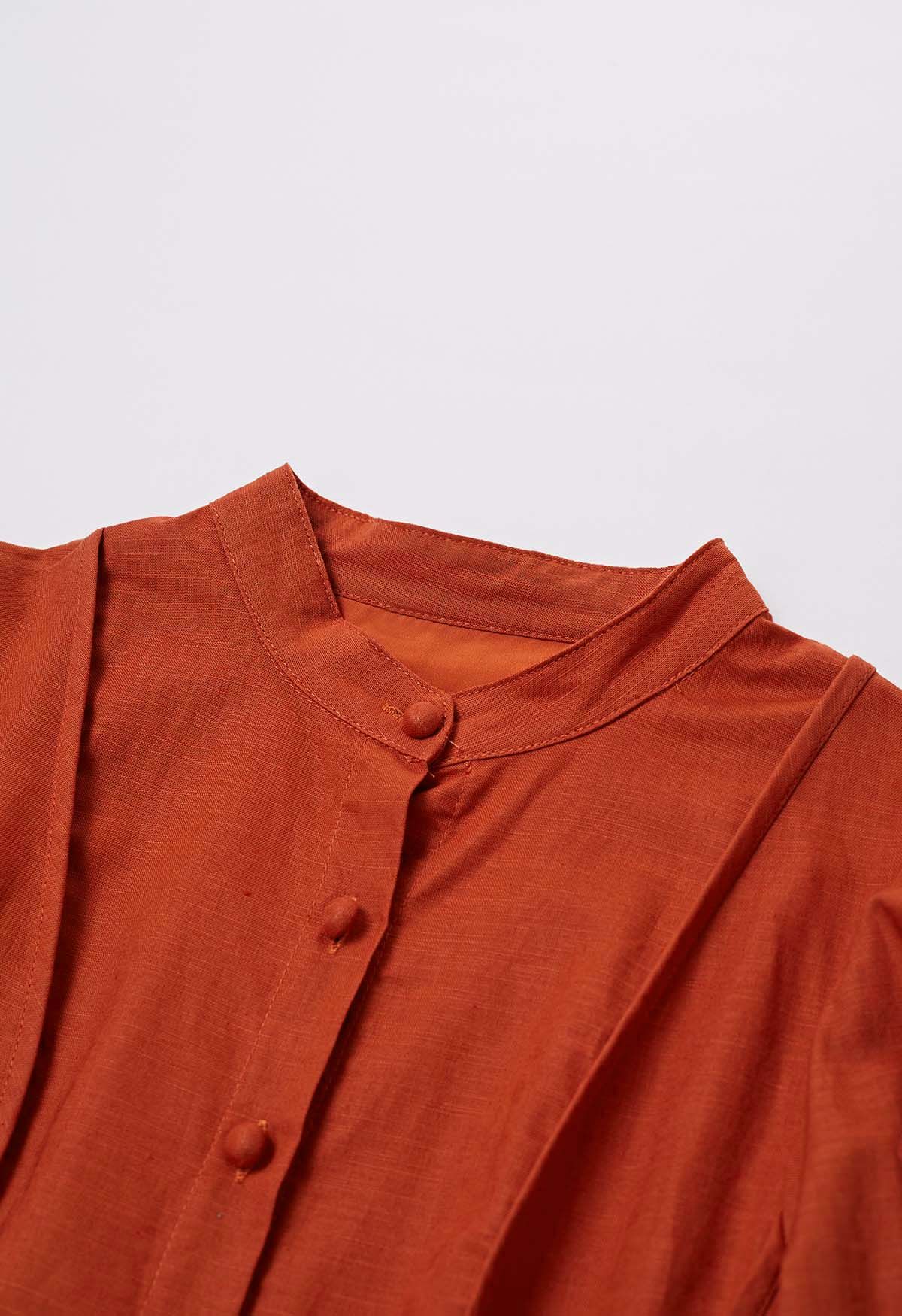 Lantern Sleeve Button Down Linen-Blend Midi Dress in Orange