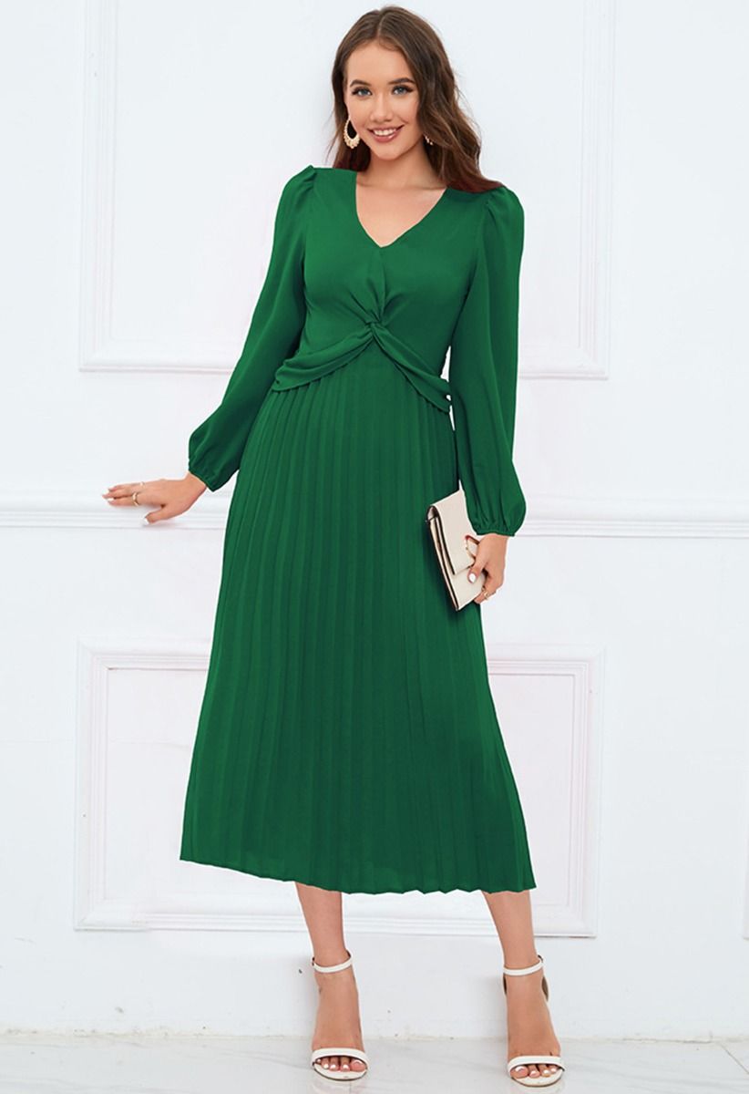 V-Neck Twisted Front Pleated Dress in Dark Green - Retro, Indie and ...