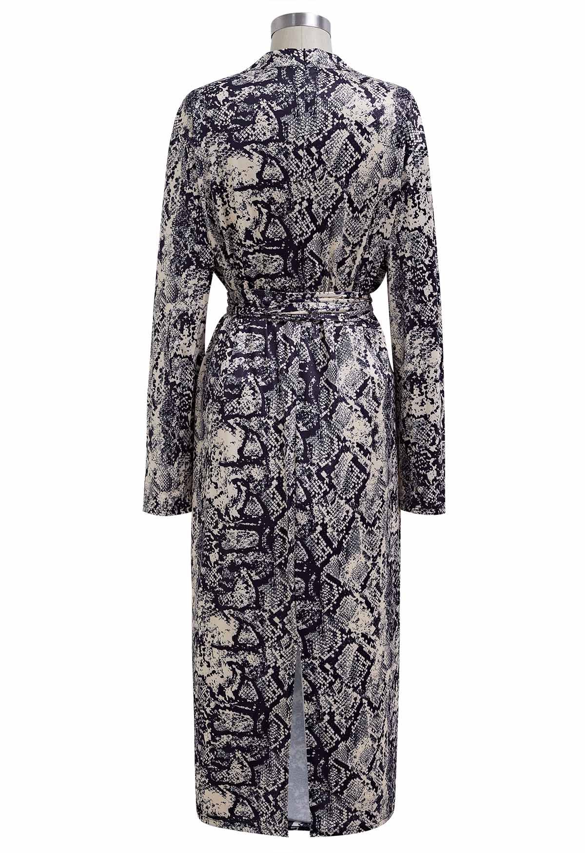 Snake Print Tie Waist Wrapped Dress - Retro, Indie and Unique Fashion