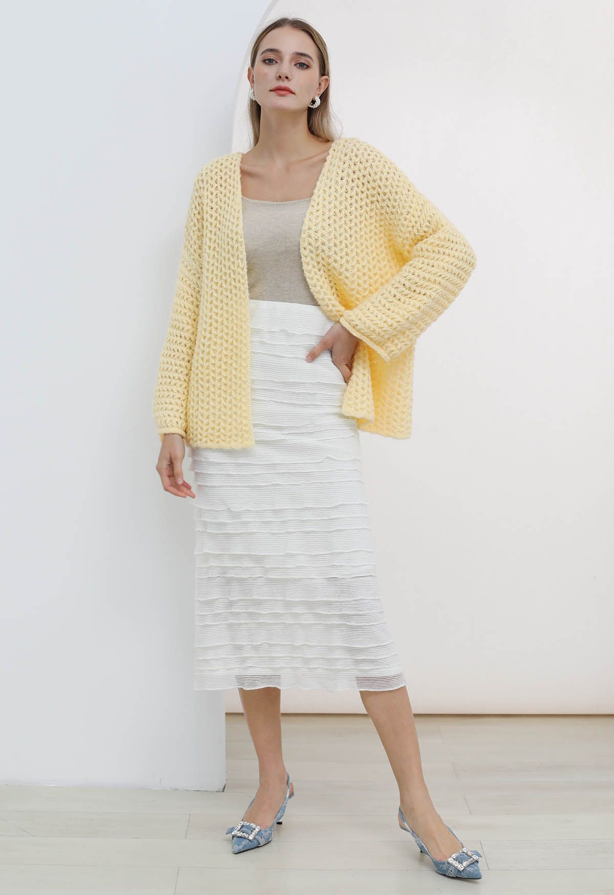 Open Front Hollow Out Knit Cardigan in Light Yellow