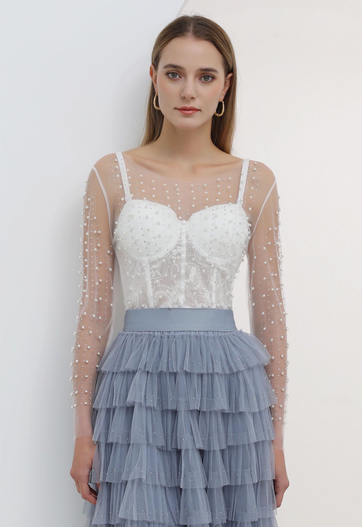 Full Pearl Embellished Sheer Mesh Top in White - Retro, Indie and