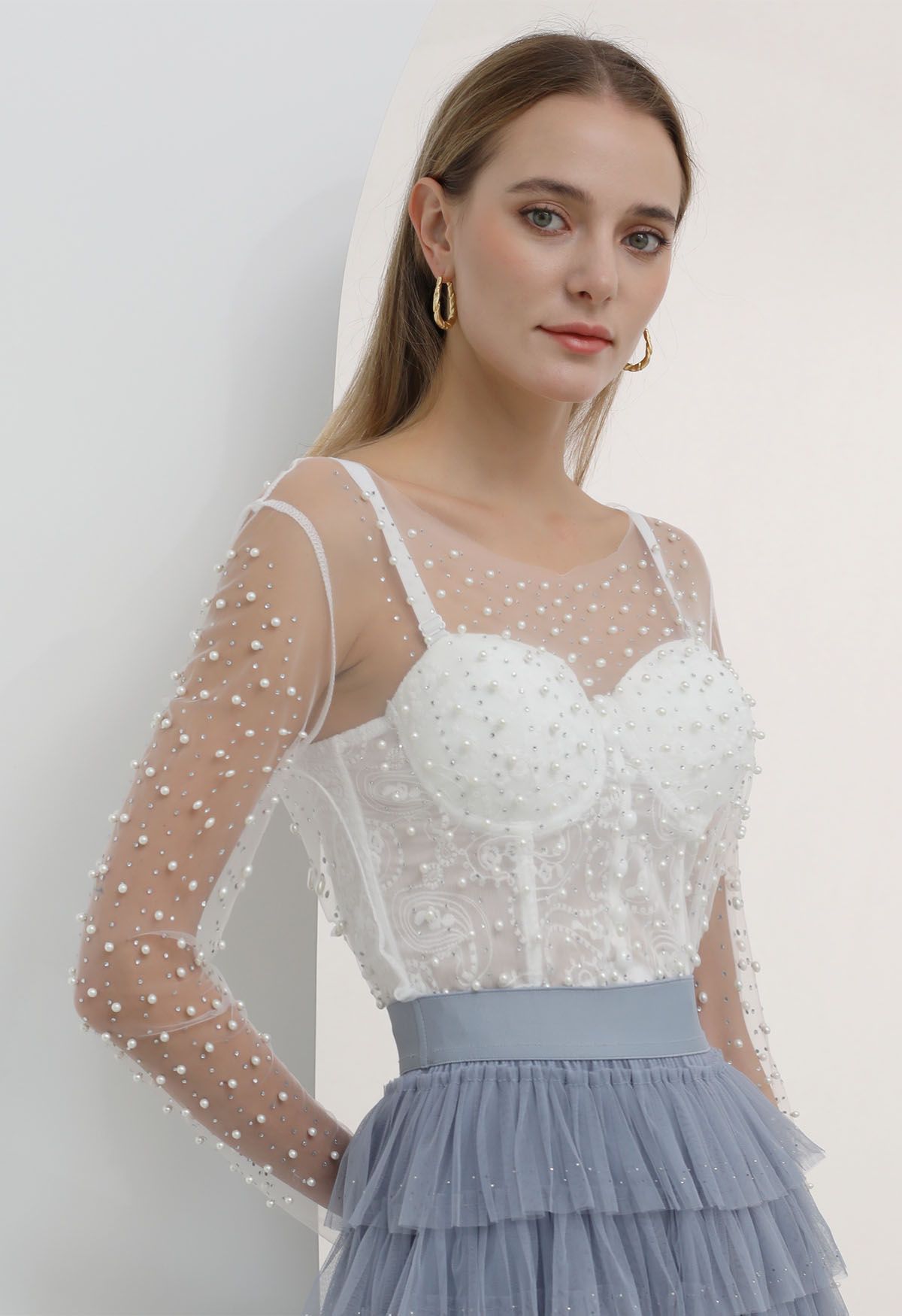 Full Pearl Embellished Sheer Mesh Top in White - Retro, Indie and Unique  Fashion