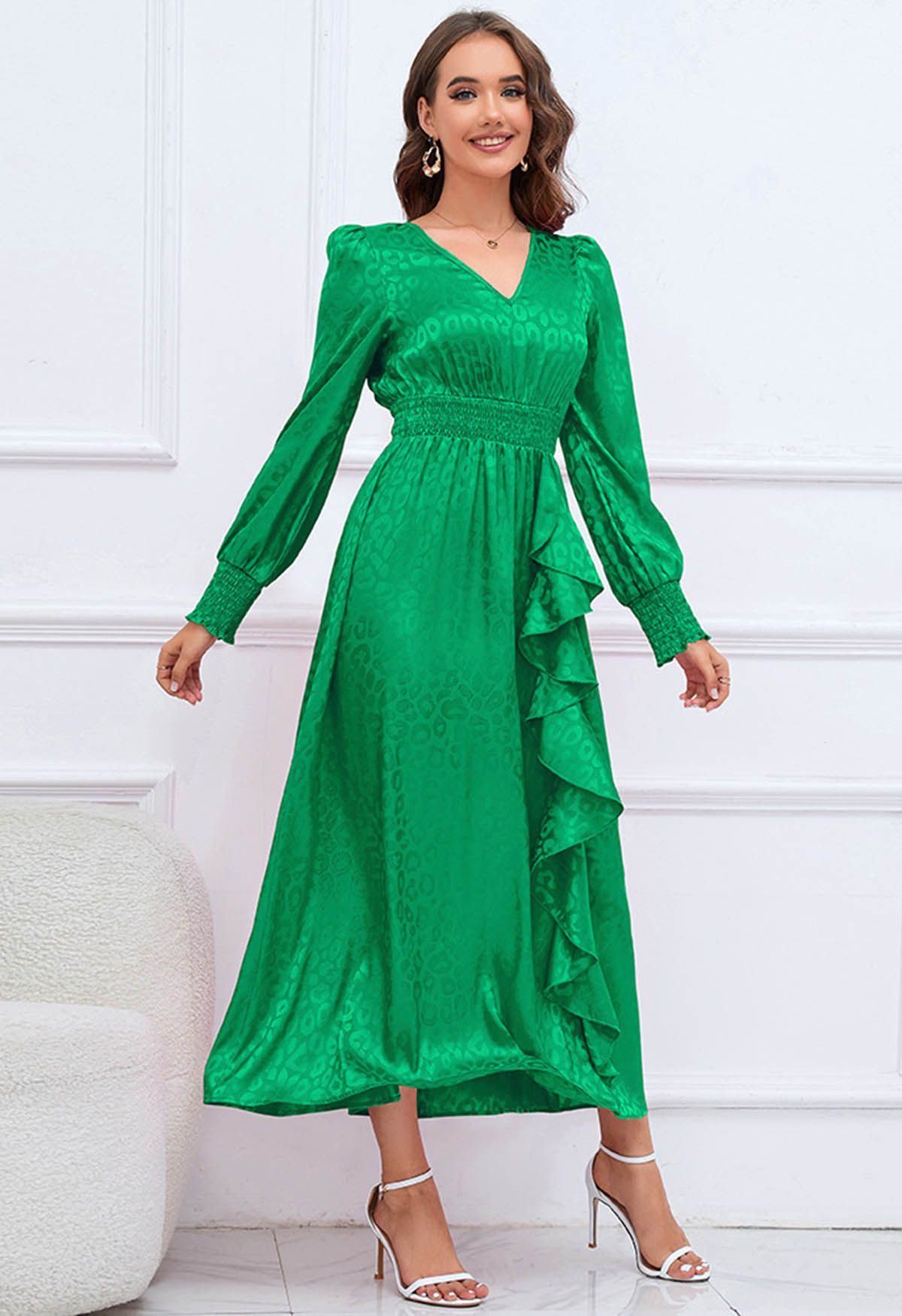 Glossy Leopard Jacquard Ruffle Maxi Dress in Green