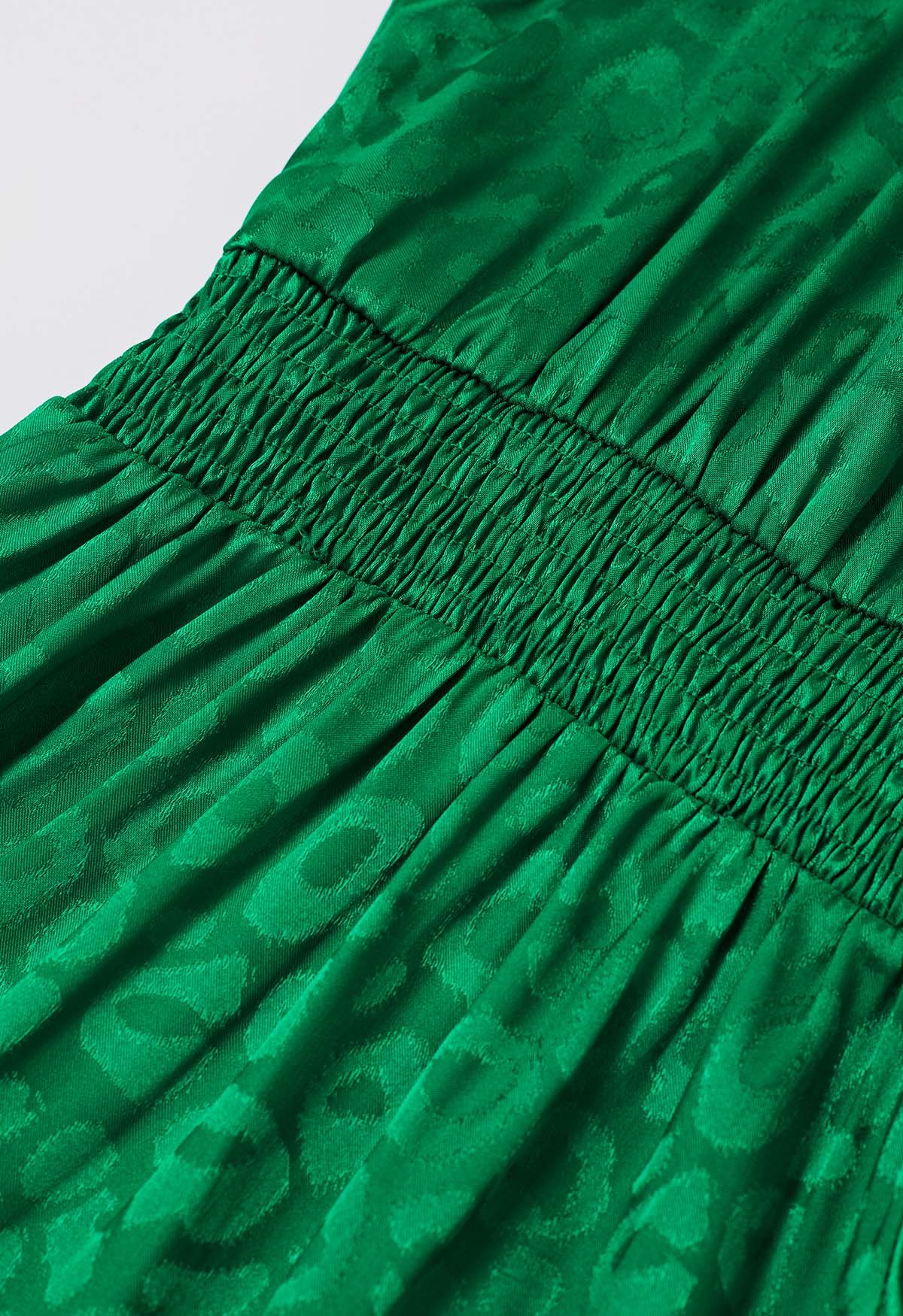 Glossy Leopard Jacquard Ruffle Maxi Dress in Green
