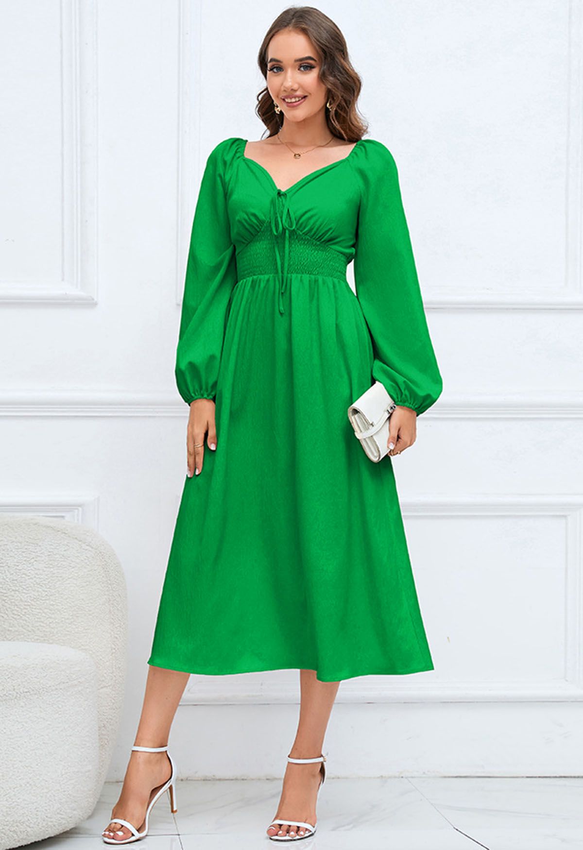Sweetheart Neck Tie Front Midi Dress in Green - Retro, Indie and Unique ...