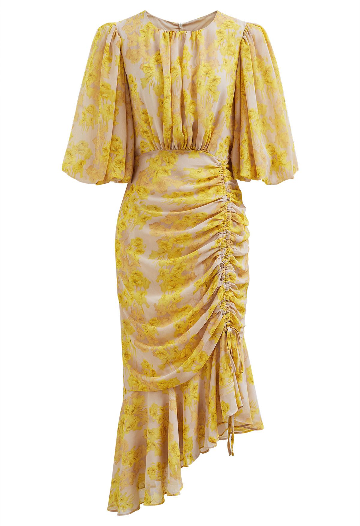 Yellow Blossom Drawstring Asymmetric Ruffle Midi Dress