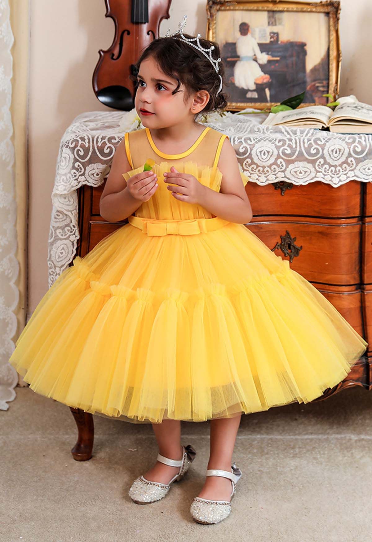 Bowknot Waist Tulle Dress in Yellow for Kids