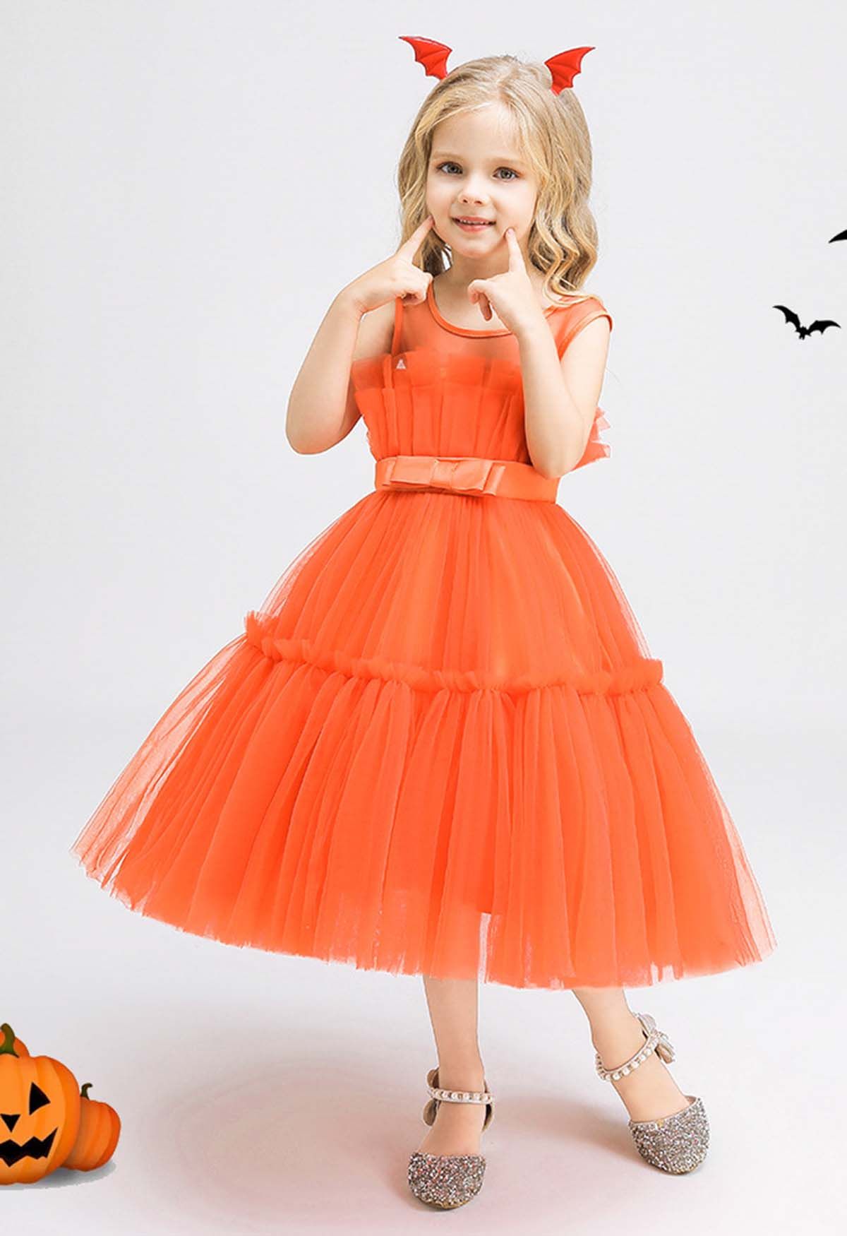Bowknot Waist Tulle Dress in Orange for Kids