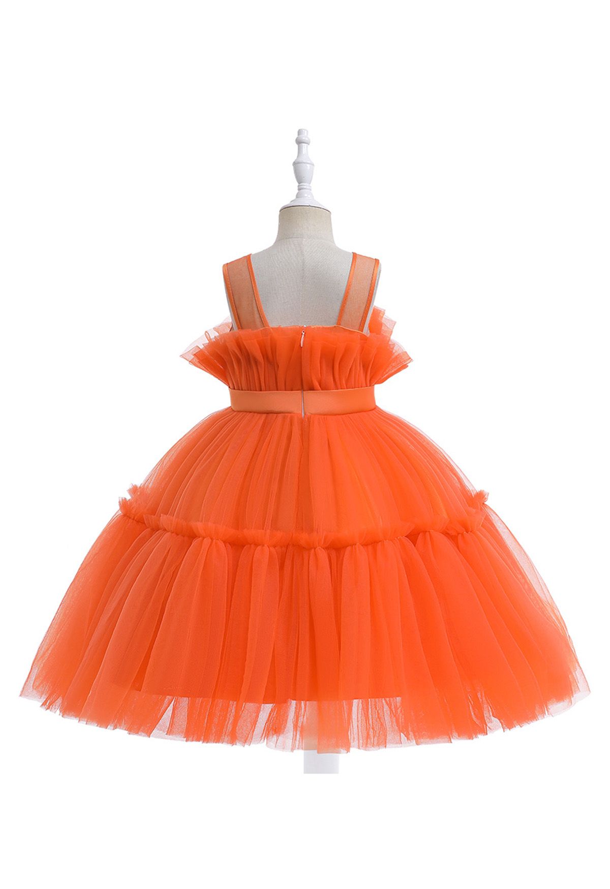 Bowknot Waist Tulle Dress in Orange for Kids