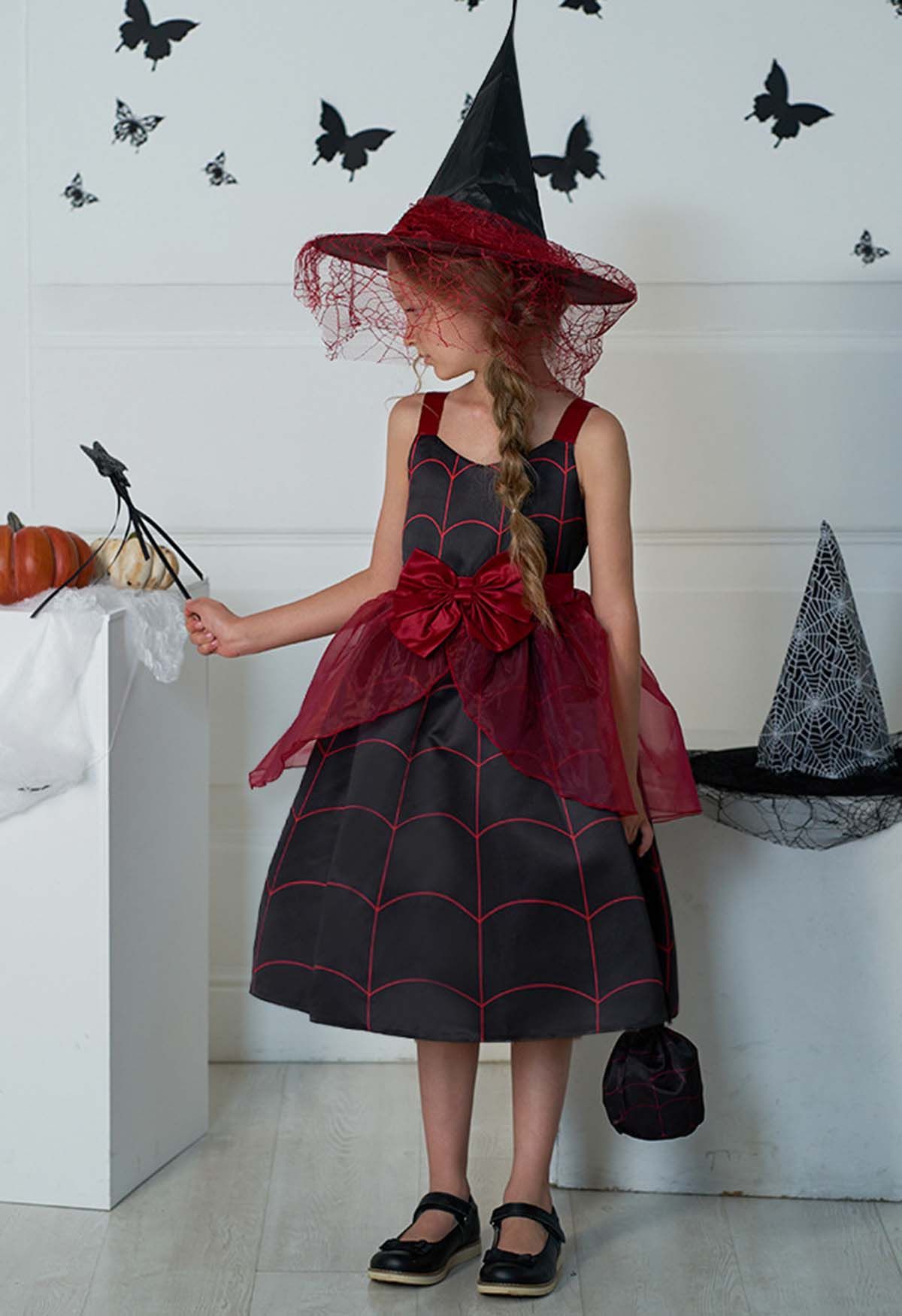 Black Spider Bowknot Tulle Sleeveless Dress for Kids with Handbag