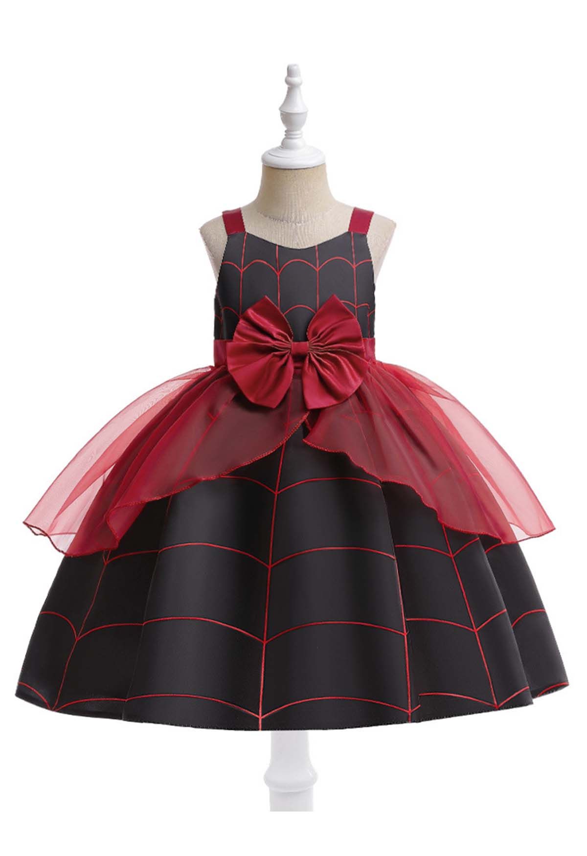 Black Spider Bowknot Tulle Sleeveless Dress for Kids with Handbag