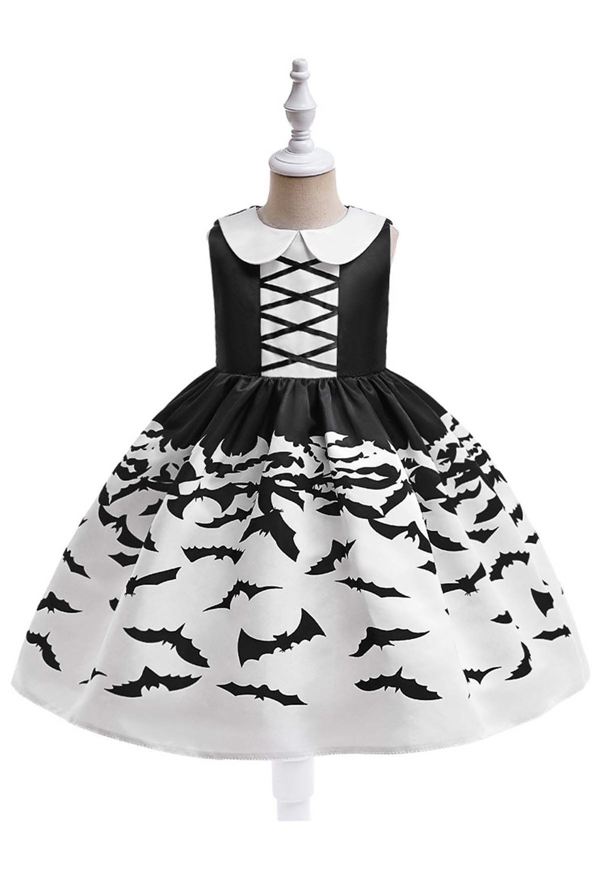 Doll Collar Bat Print Sleeveless Dress for Kids with Handbag