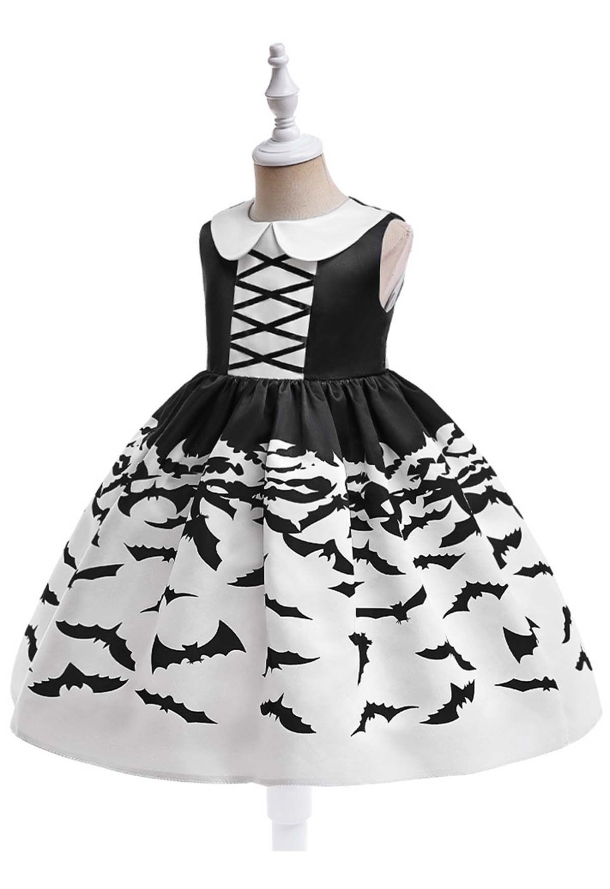 Doll Collar Bat Print Sleeveless Dress for Kids with Handbag