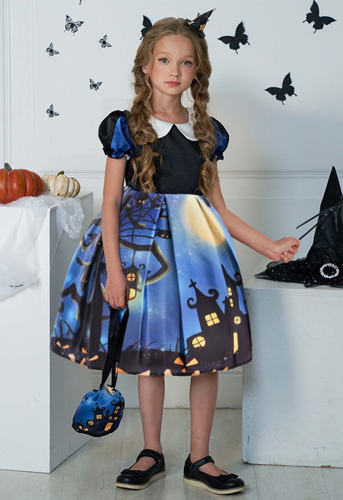 Halloween Night Bubble Sleeves Dress for Kids with Handbag