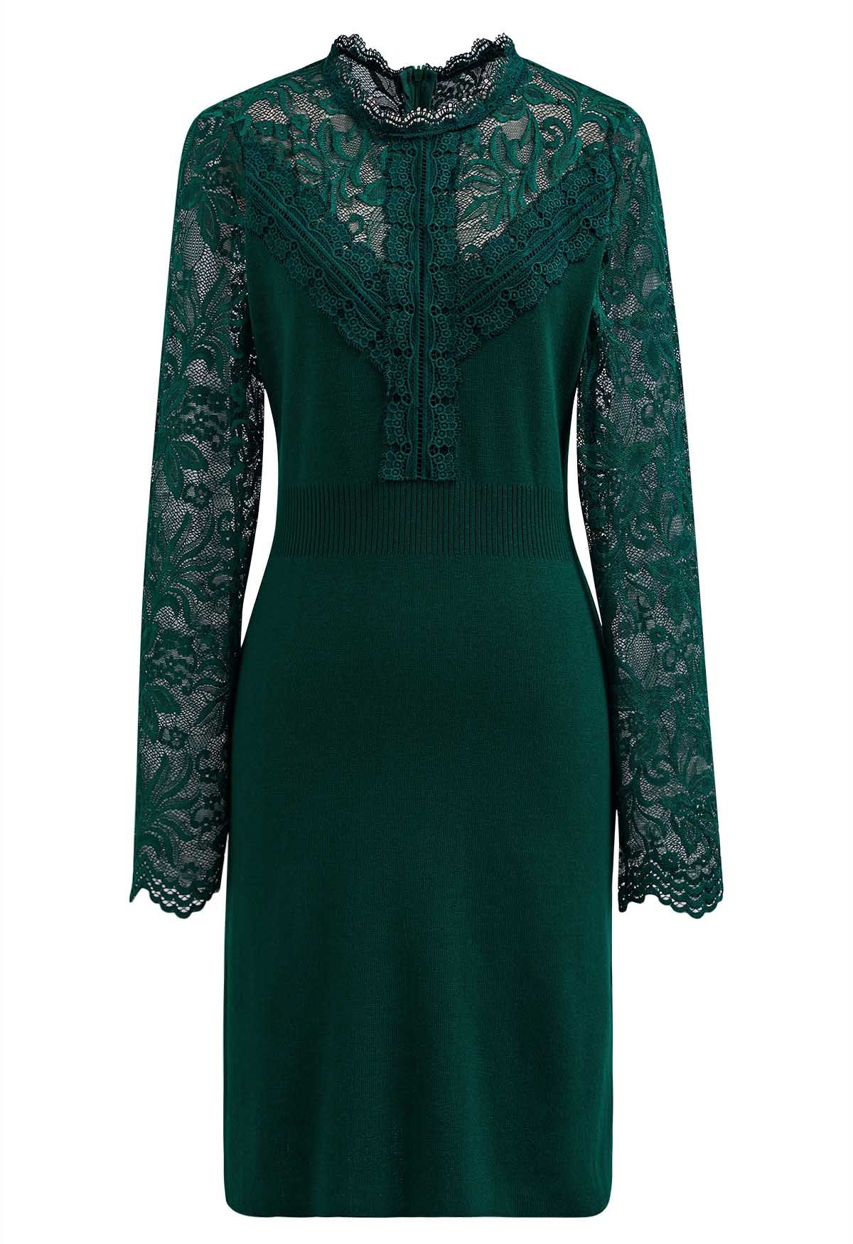 Floral Lace Spliced Knit Dress in Dark Green - Retro, Indie and