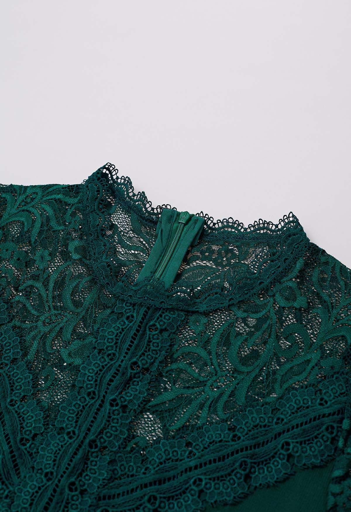 Floral Lace Spliced Knit Dress in Dark Green