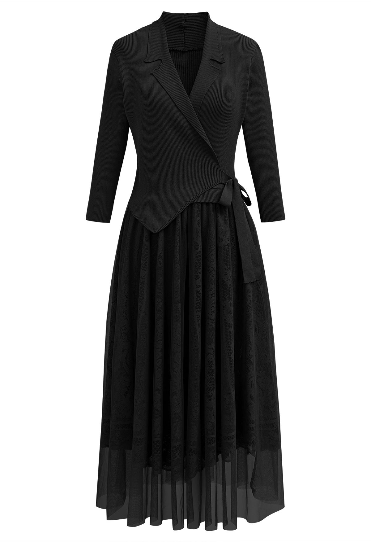 Collared V-Neck Knit Spliced Tulle Dress in Black - Retro, Indie and ...