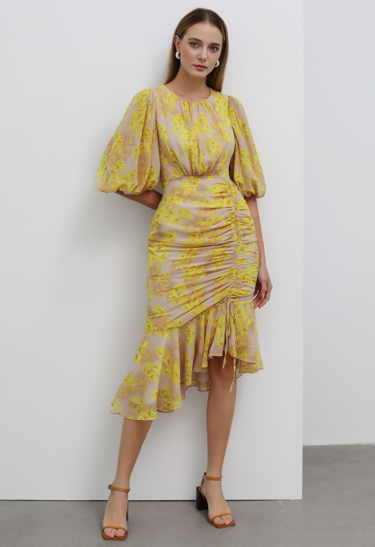 Yellow Blossom Drawstring Asymmetric Ruffle Midi Dress - Retro, Indie ...