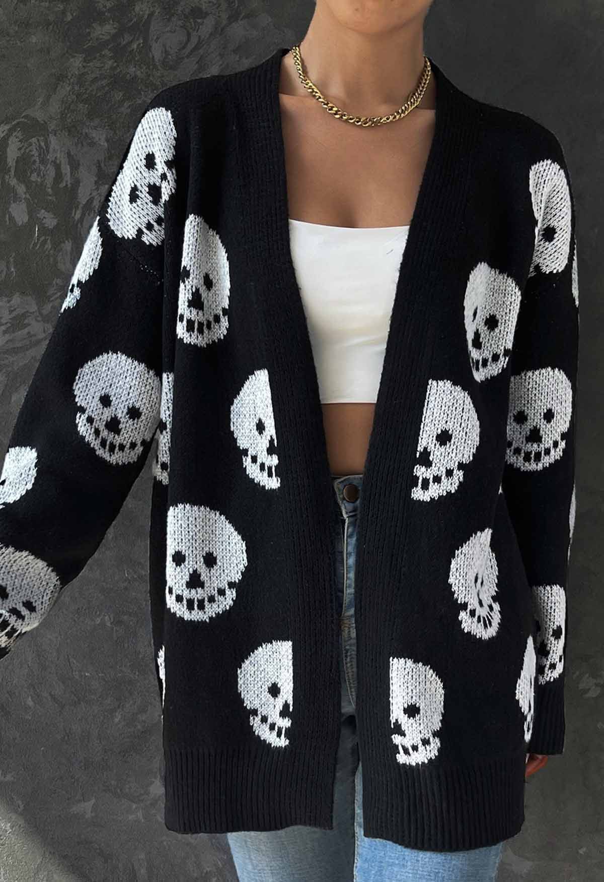 Halloween Skull Jacquard Longline Knit Cardigan