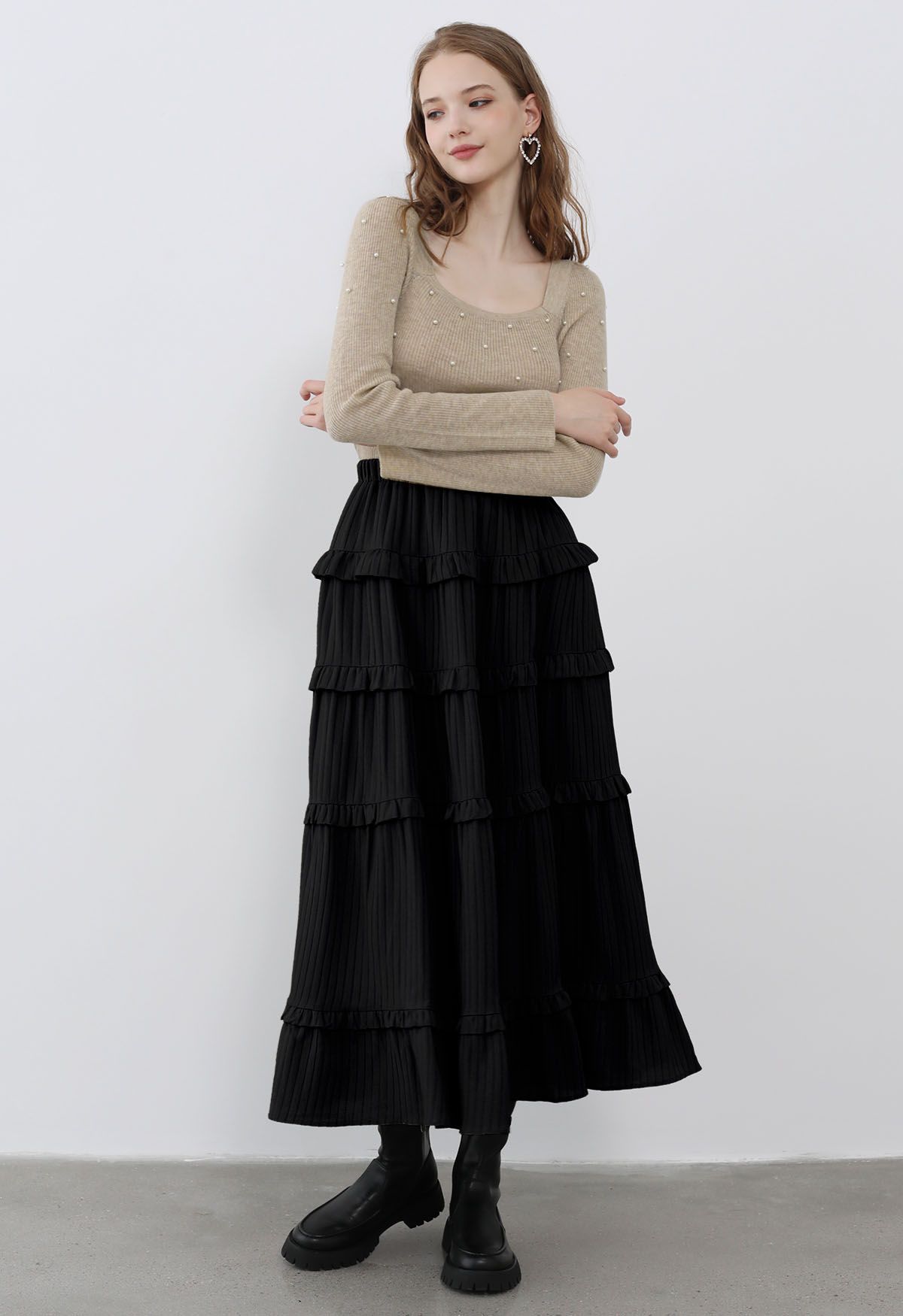 Ruffle Tiered Stripe Texture Maxi Skirt in Black - Retro, Indie and ...