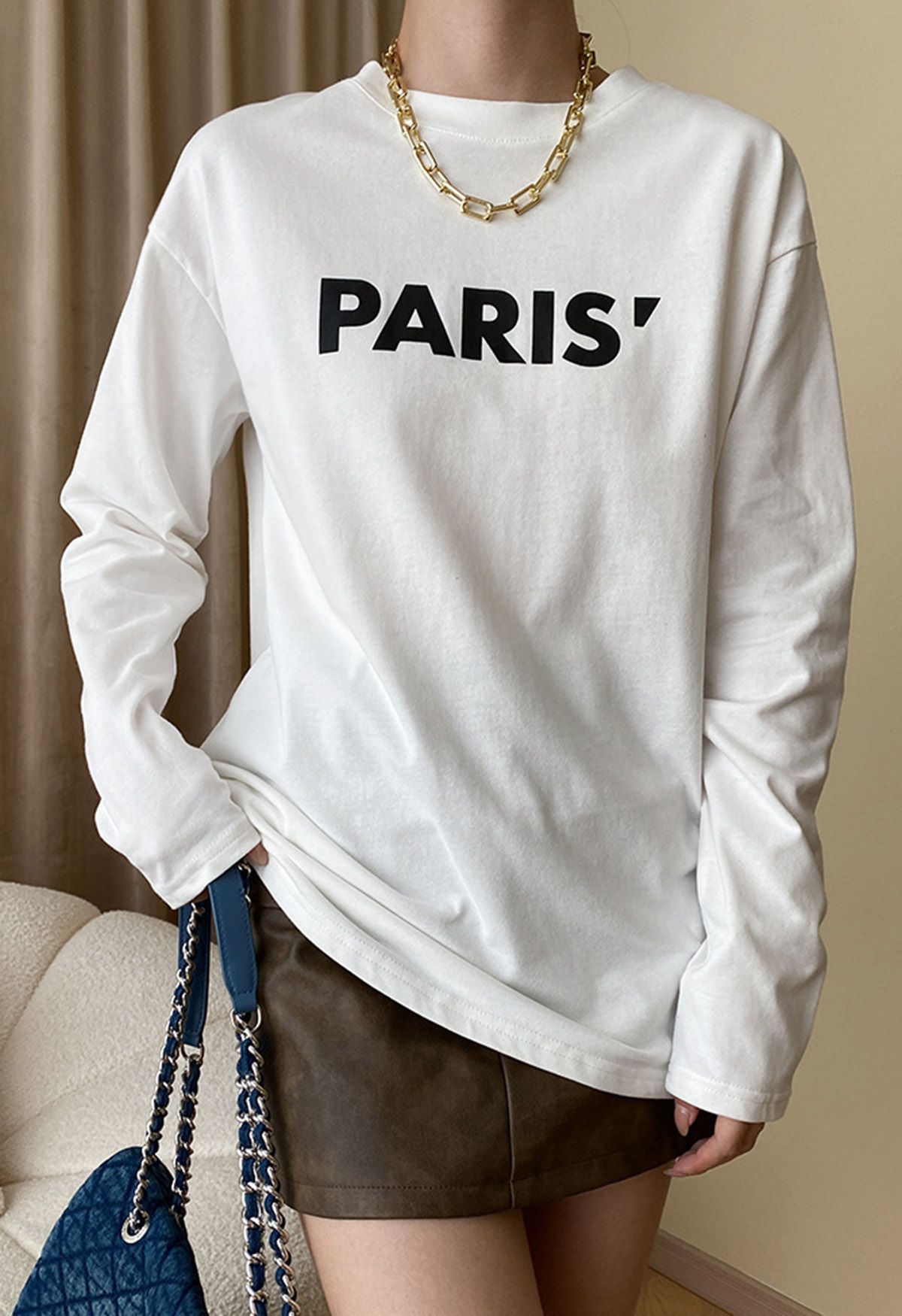 Paris Print Round Neck Long Sleeves Top