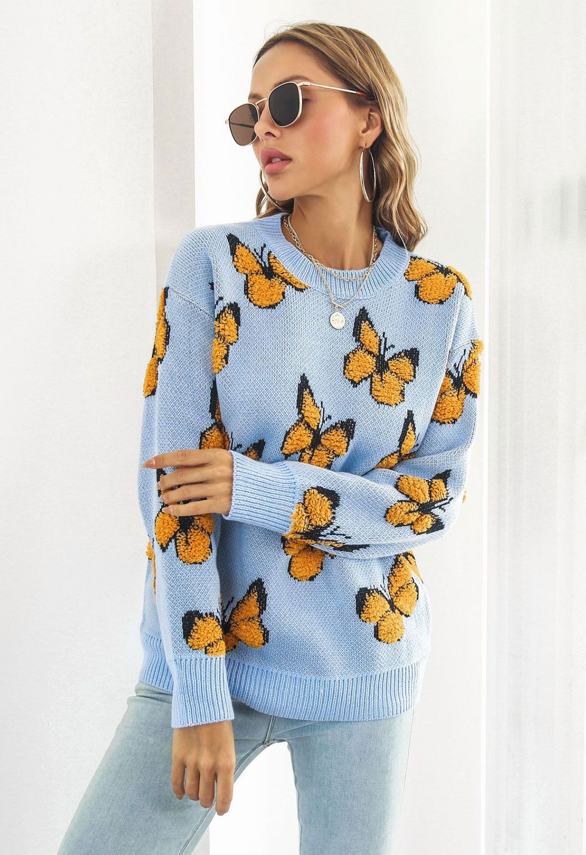 Balletic Butterfly Ribbed Knit Sweater in Blue