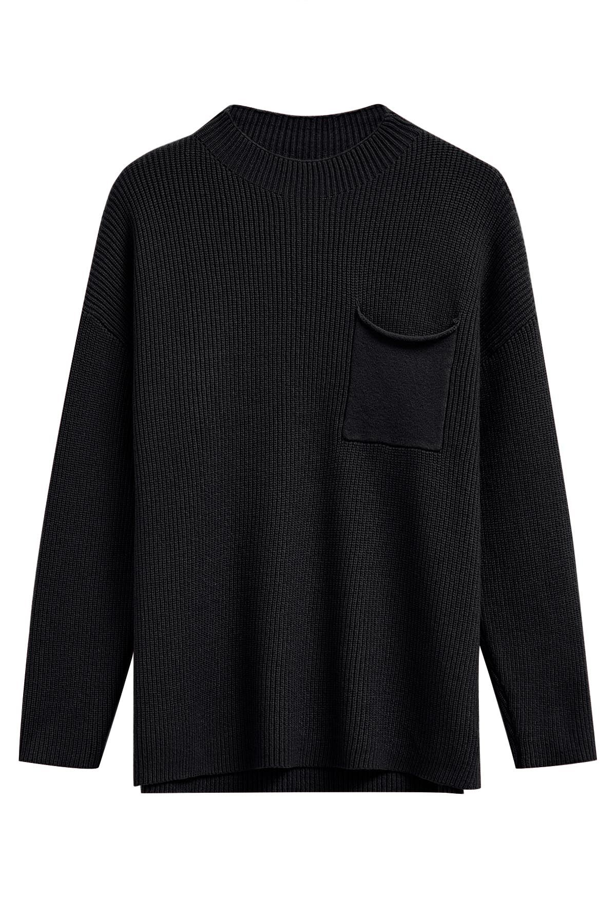 Patch Pocket Ribbed Knit Sweater in Black