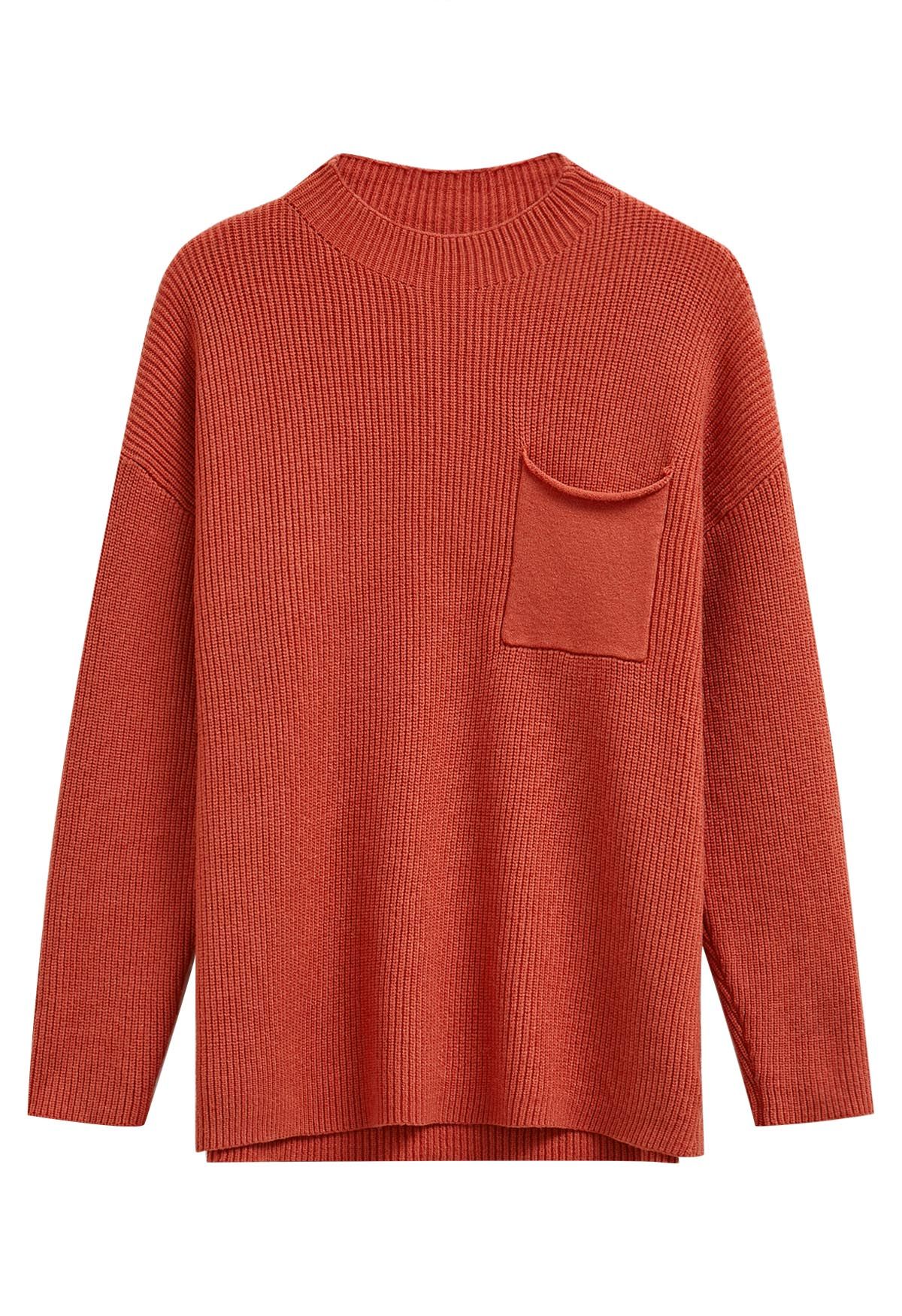 Patch Pocket Ribbed Knit Sweater in Rust Red