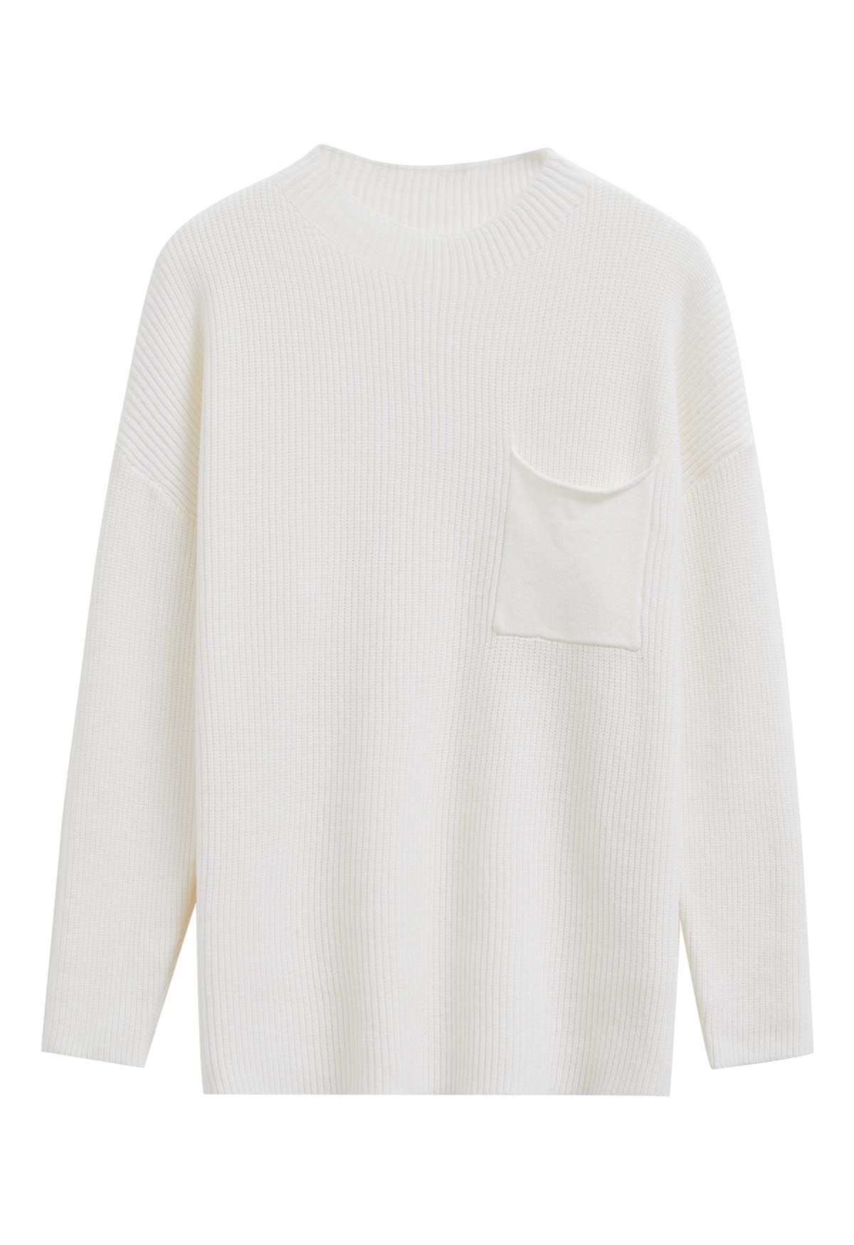 Patch Pocket Ribbed Knit Sweater in White