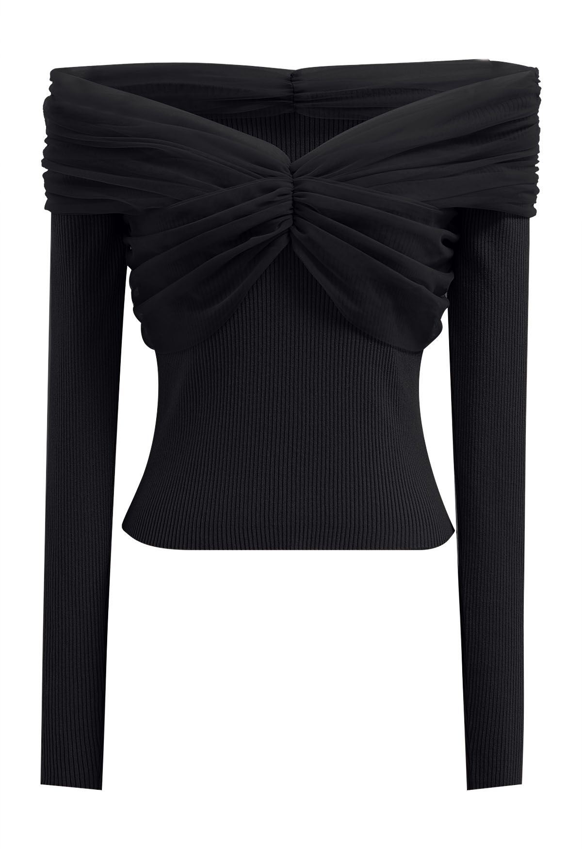 Off-Shoulder Mesh Spliced Knit Top in Black - Retro, Indie and Unique ...