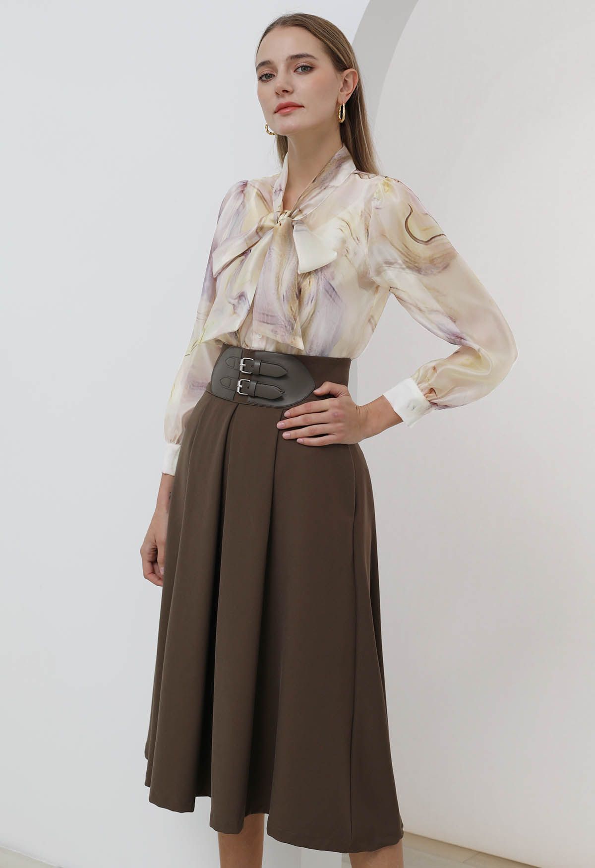 Belt Embellished High Waist Pleated Midi Skirt in Dark Khaki - Retro ...