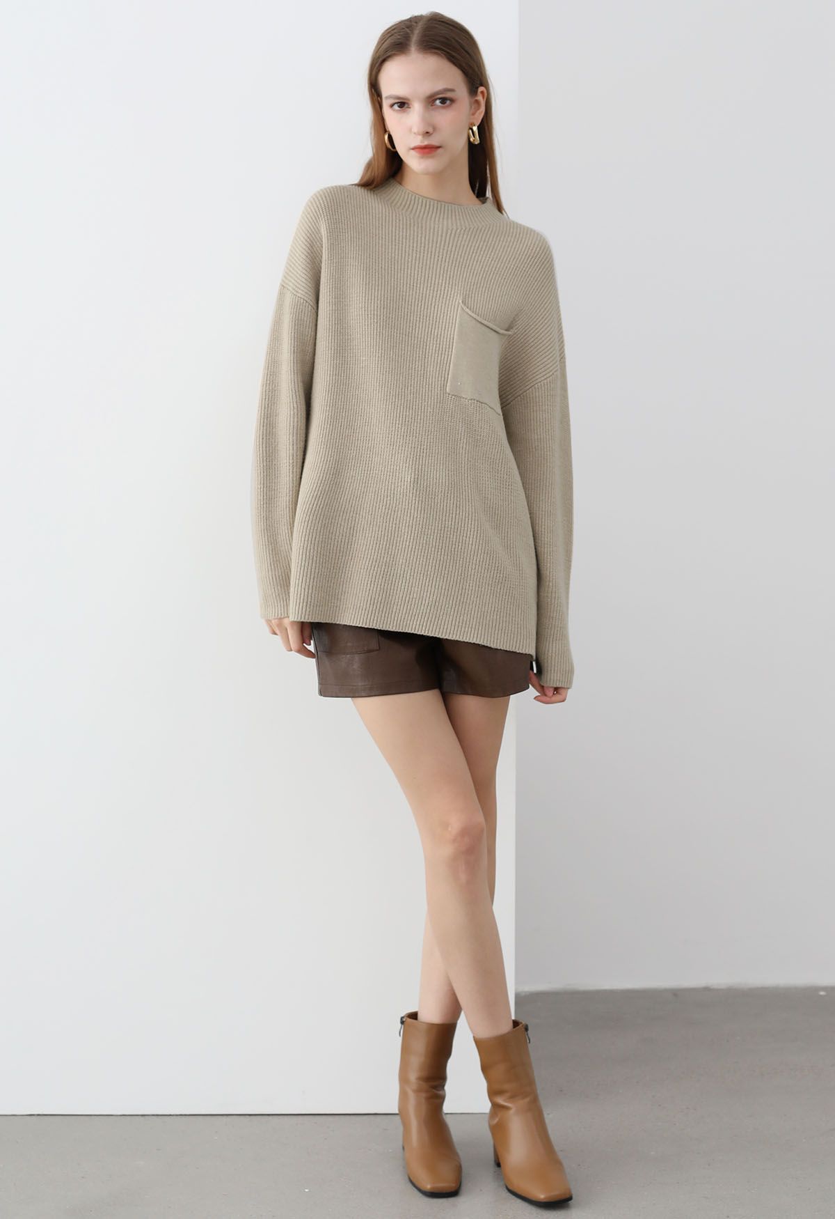 Patch Pocket Ribbed Knit Sweater in Sand