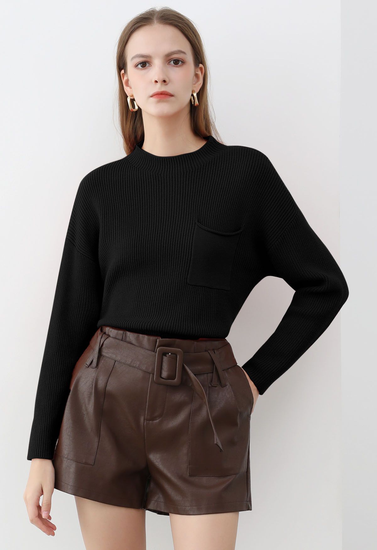 Patch Pocket Ribbed Knit Sweater in Black