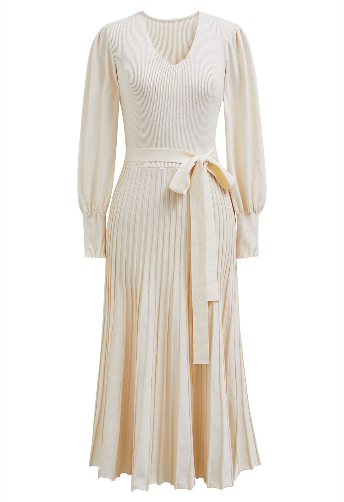 Captivating V-Neck Tie Waist Pleated Knit Dress in Cream