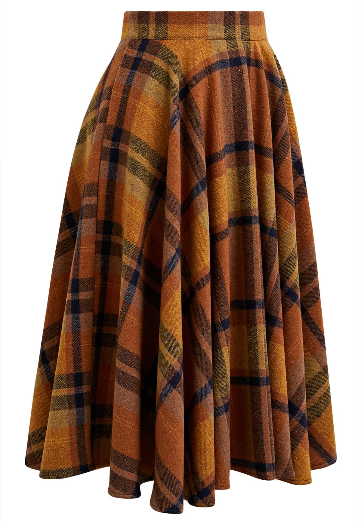 Perfect in Plaid A-Line Wool-Blend Midi Skirt in Pumpkin - Retro, Indie ...