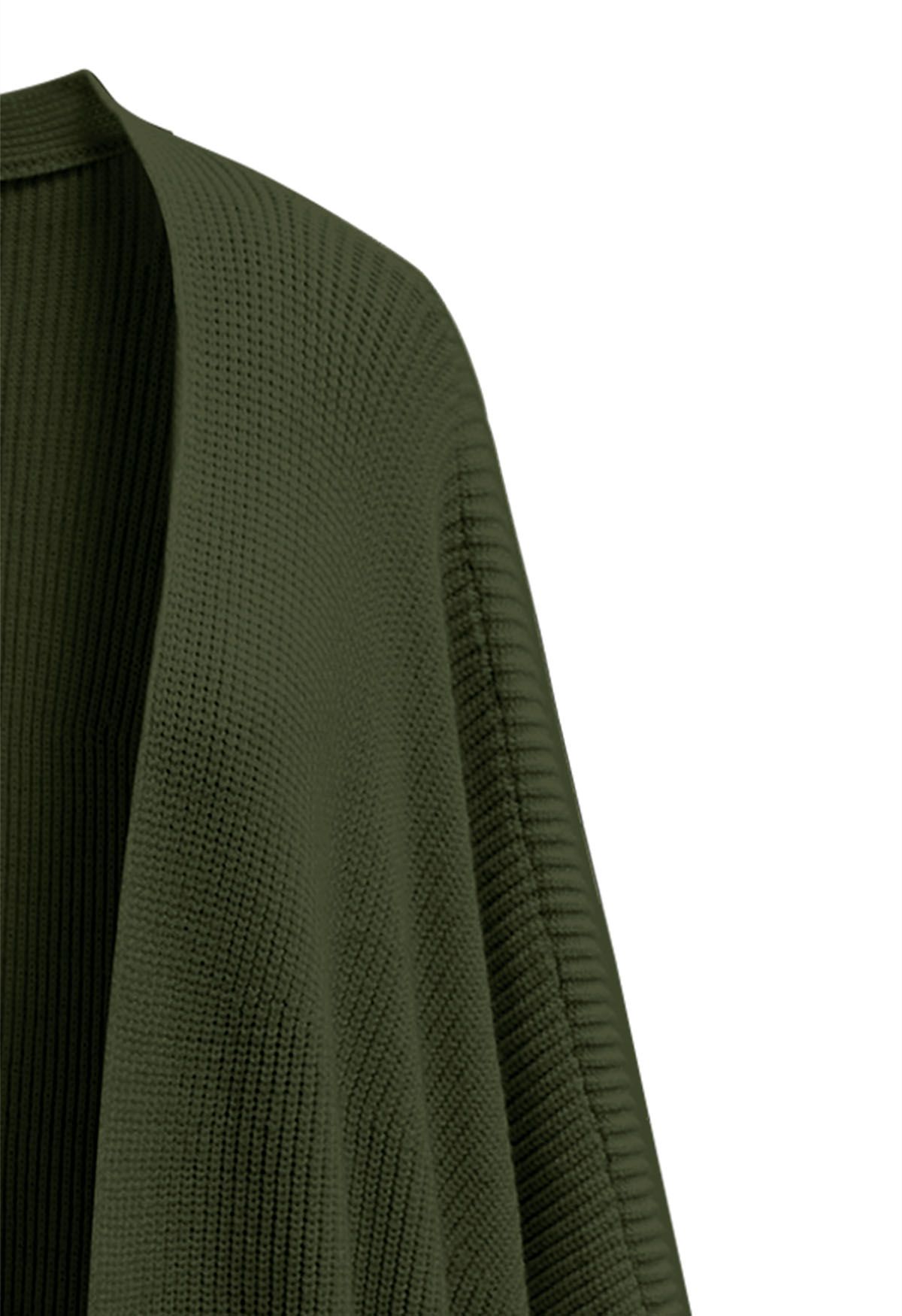 Batwing Sleeves Open Front Knit Cardigan in Army Green