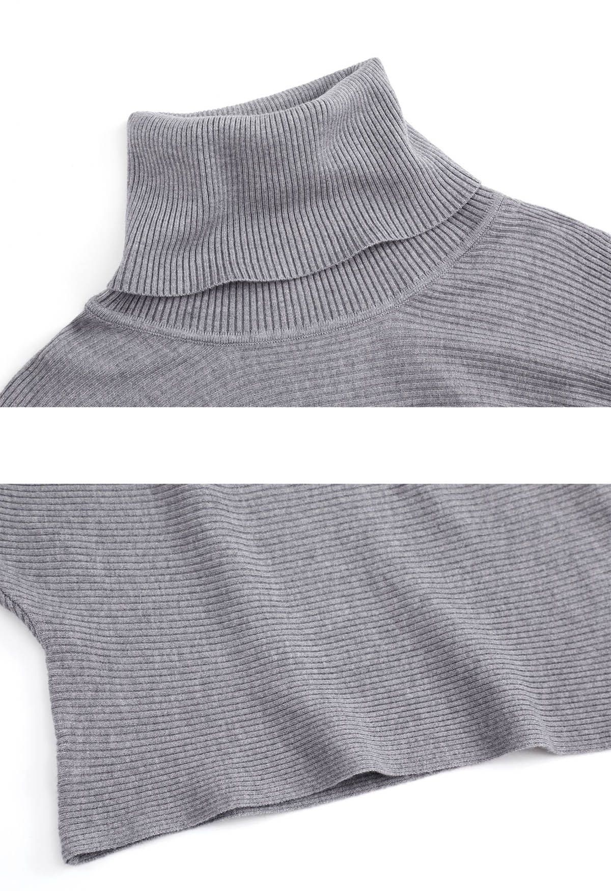 Turtleneck Batwing Sleeves Rib Sweater in Grey