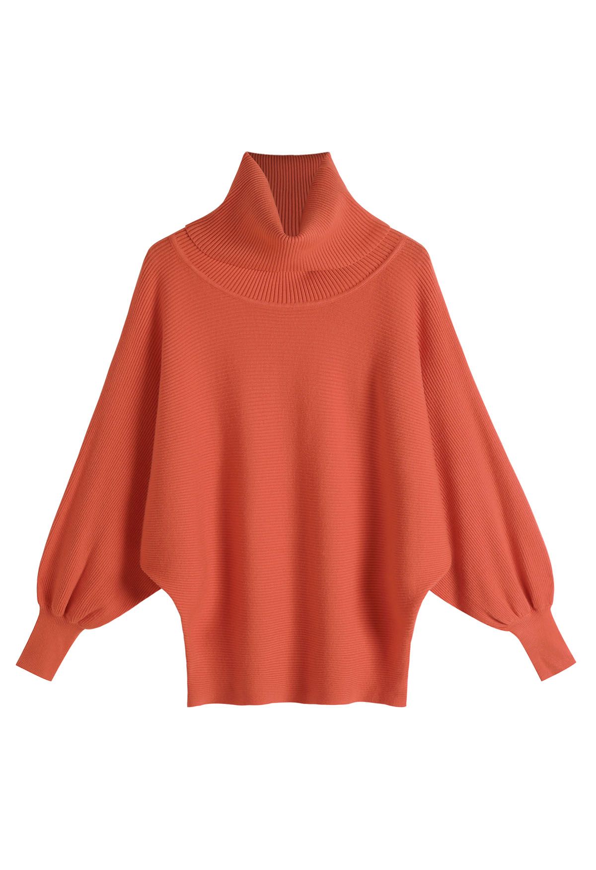 Turtleneck Batwing Sleeves Rib Sweater in Orange
