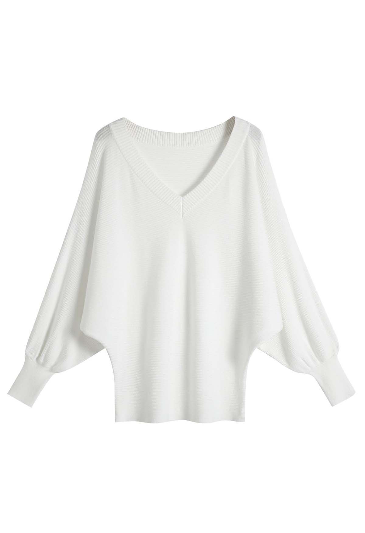 V-Neck Batwing Sleeves Pullover Knit Sweater in White - Retro, Indie ...