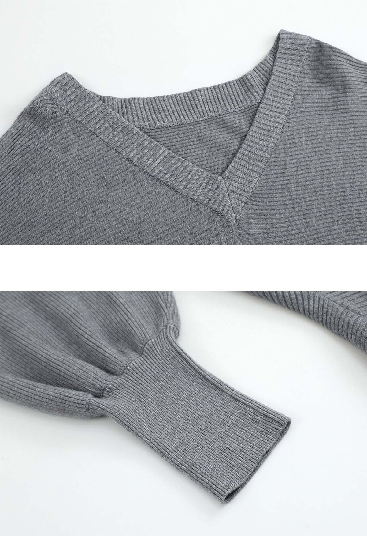 V-Neck Batwing Sleeves Pullover Knit Sweater in Grey