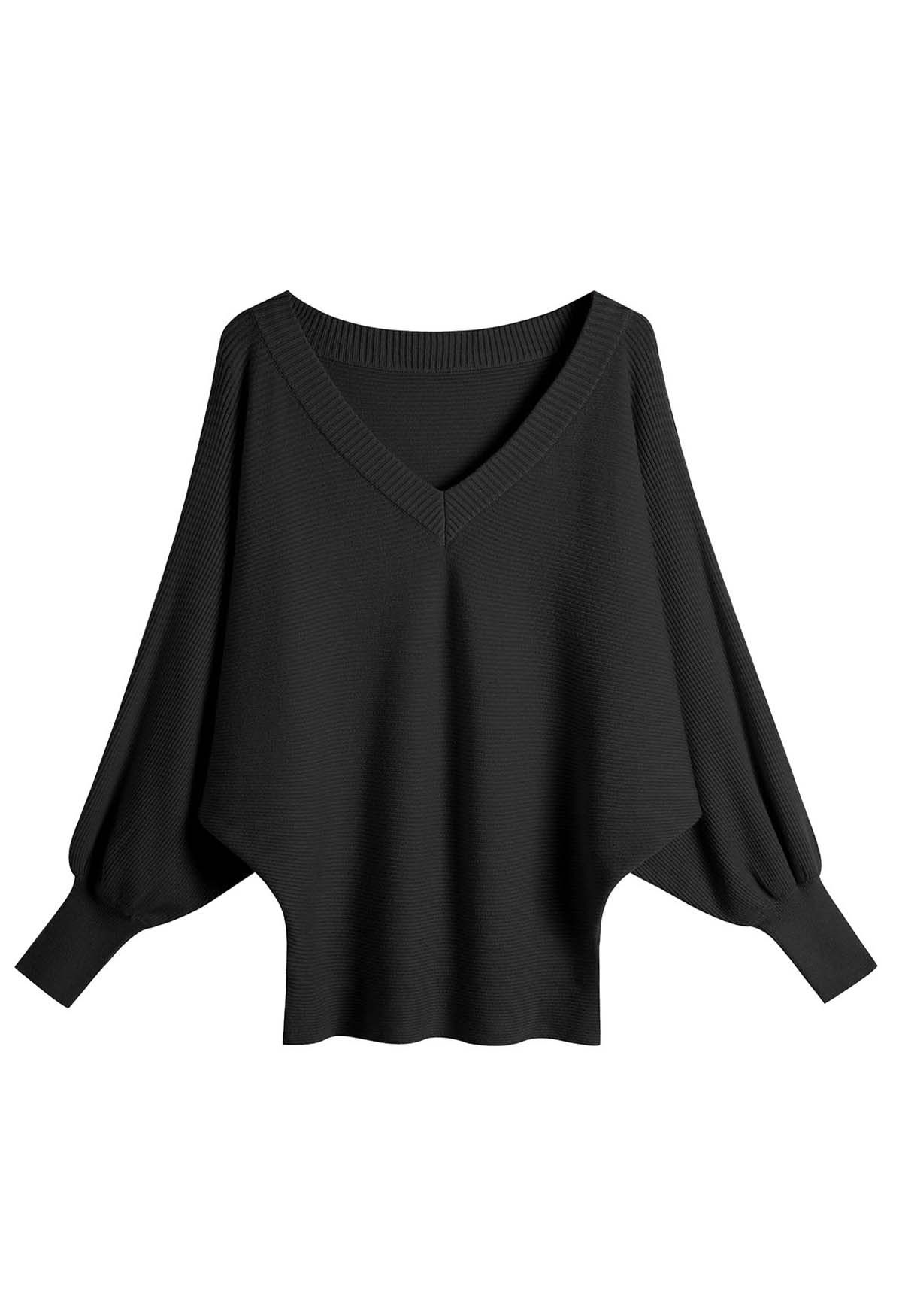 Chicwish V-Neck Batwing Sleeves Pullover Knit Sweater in Black Black L-XL