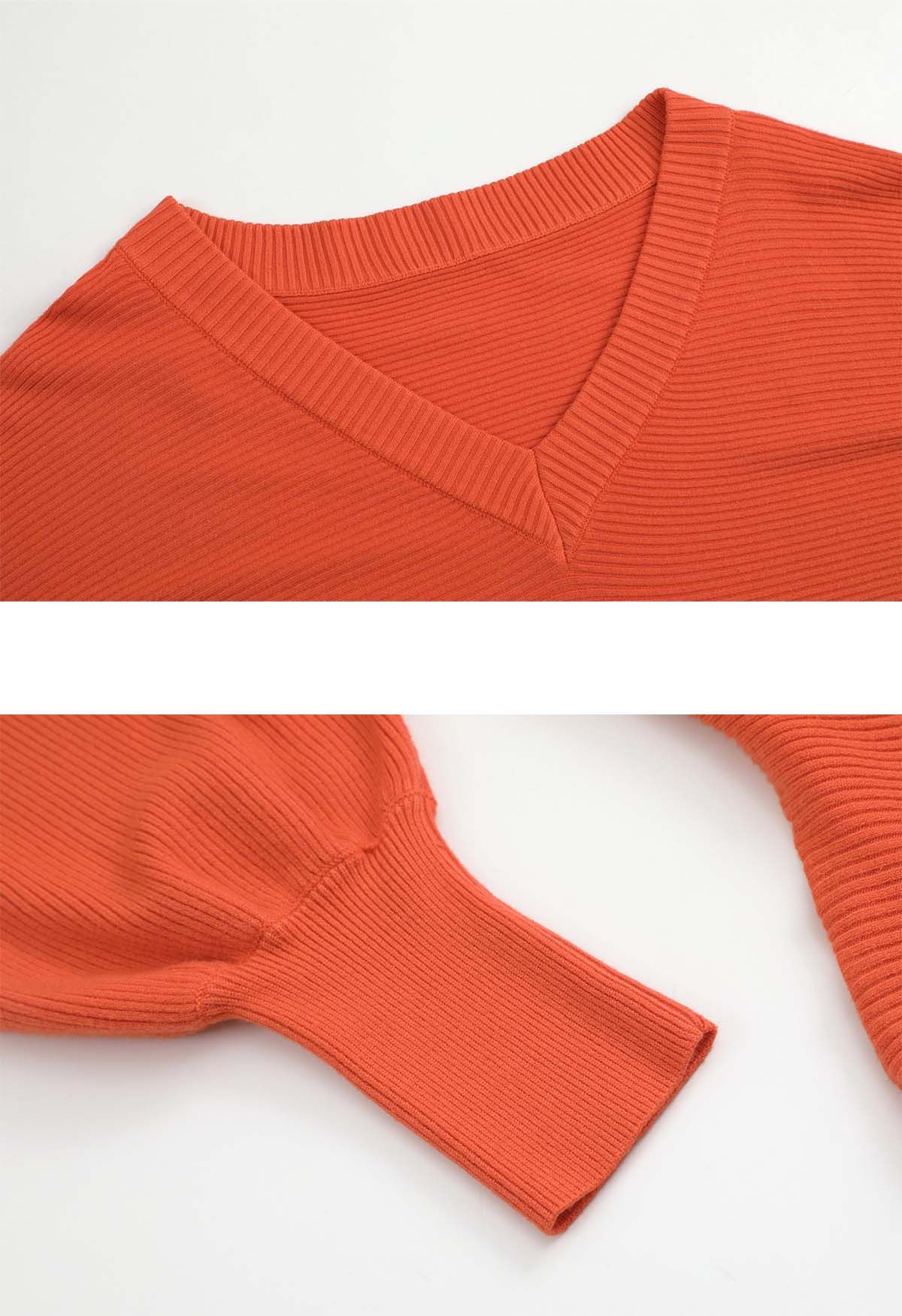 V-Neck Batwing Sleeves Pullover Knit Sweater in Orange