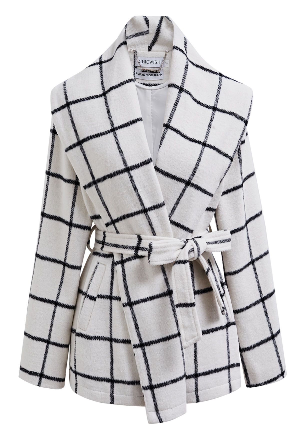 Check Open Front Wool-Blend Coat in White