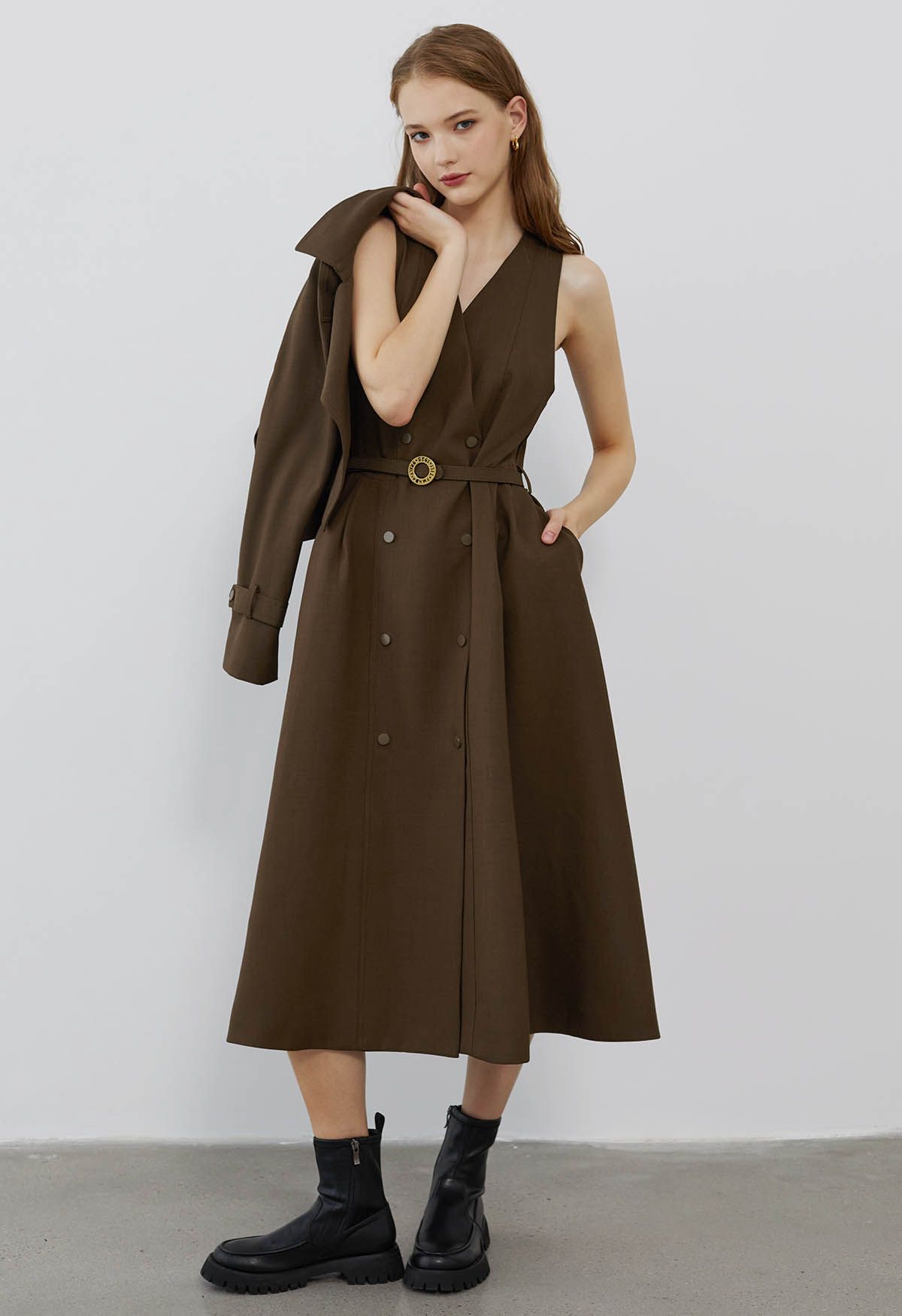 Double-Breasted Vest Dress and Cropped Jacket Set in Brown