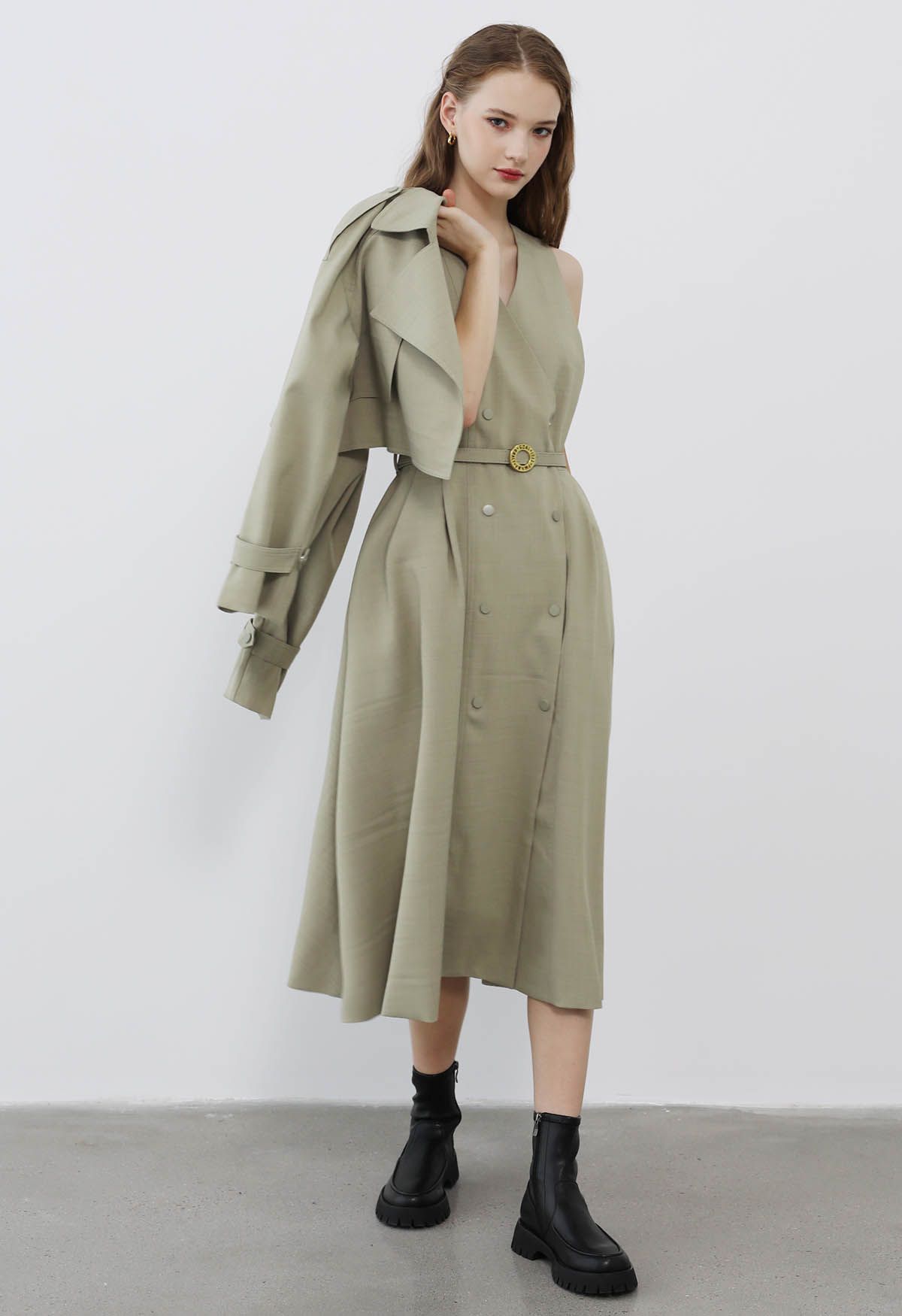 Double-Breasted Vest Dress and Cropped Jacket Set in Sage