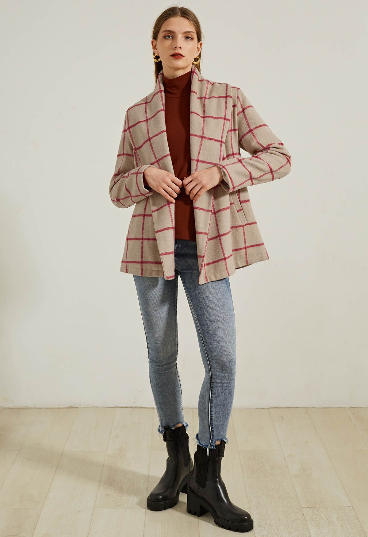 Check Open Front Wool-Blend Coat in Camel - Retro, Indie and Unique Fashion