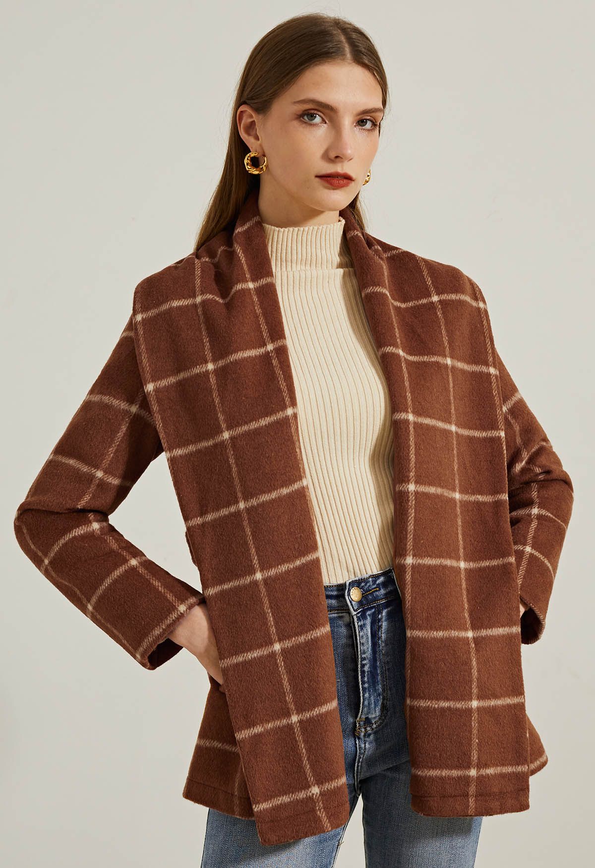 Check Open Front Wool-Blend Coat in Brown - Retro, Indie and Unique Fashion