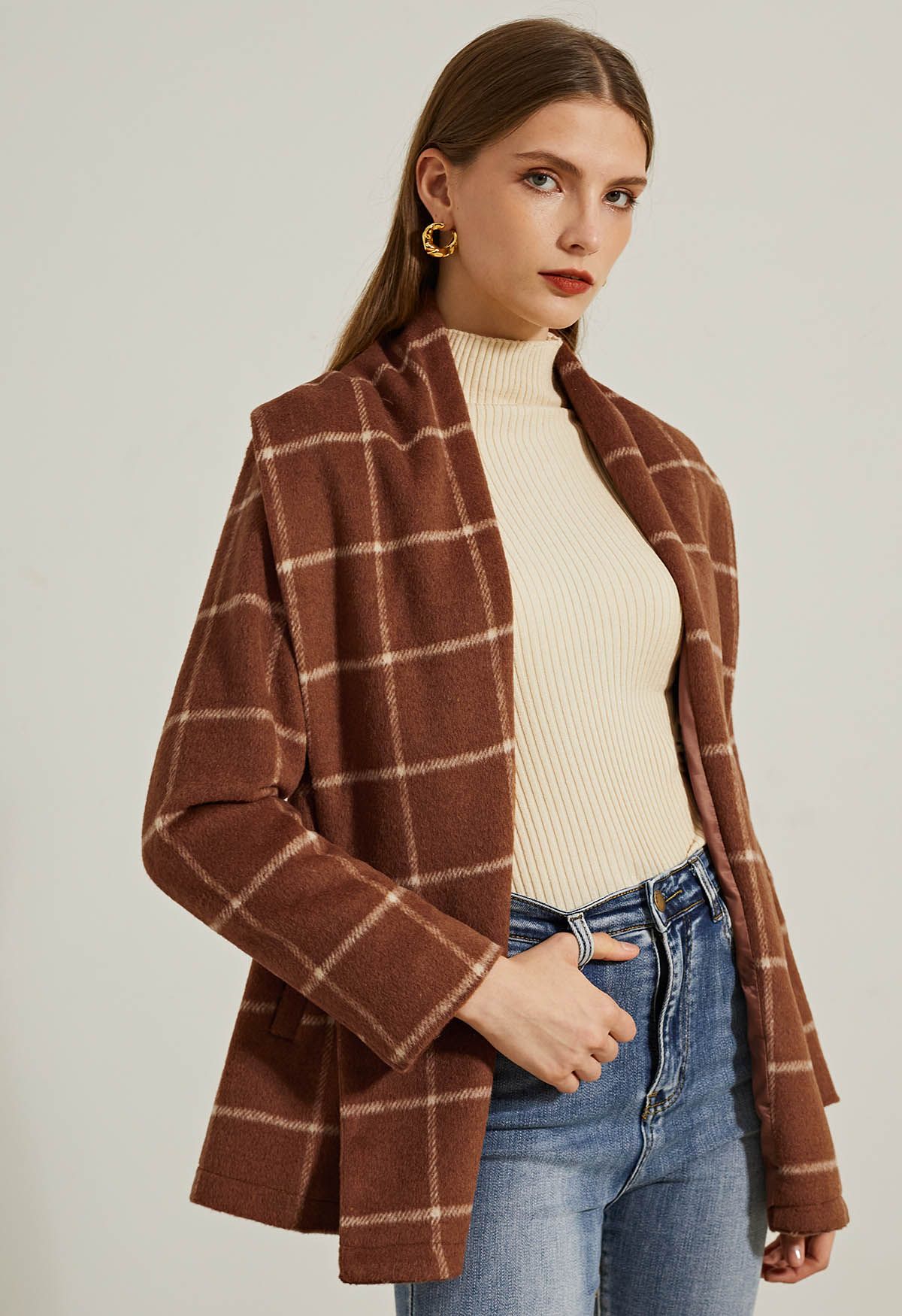 Check Open Front Wool-Blend Coat in Brown