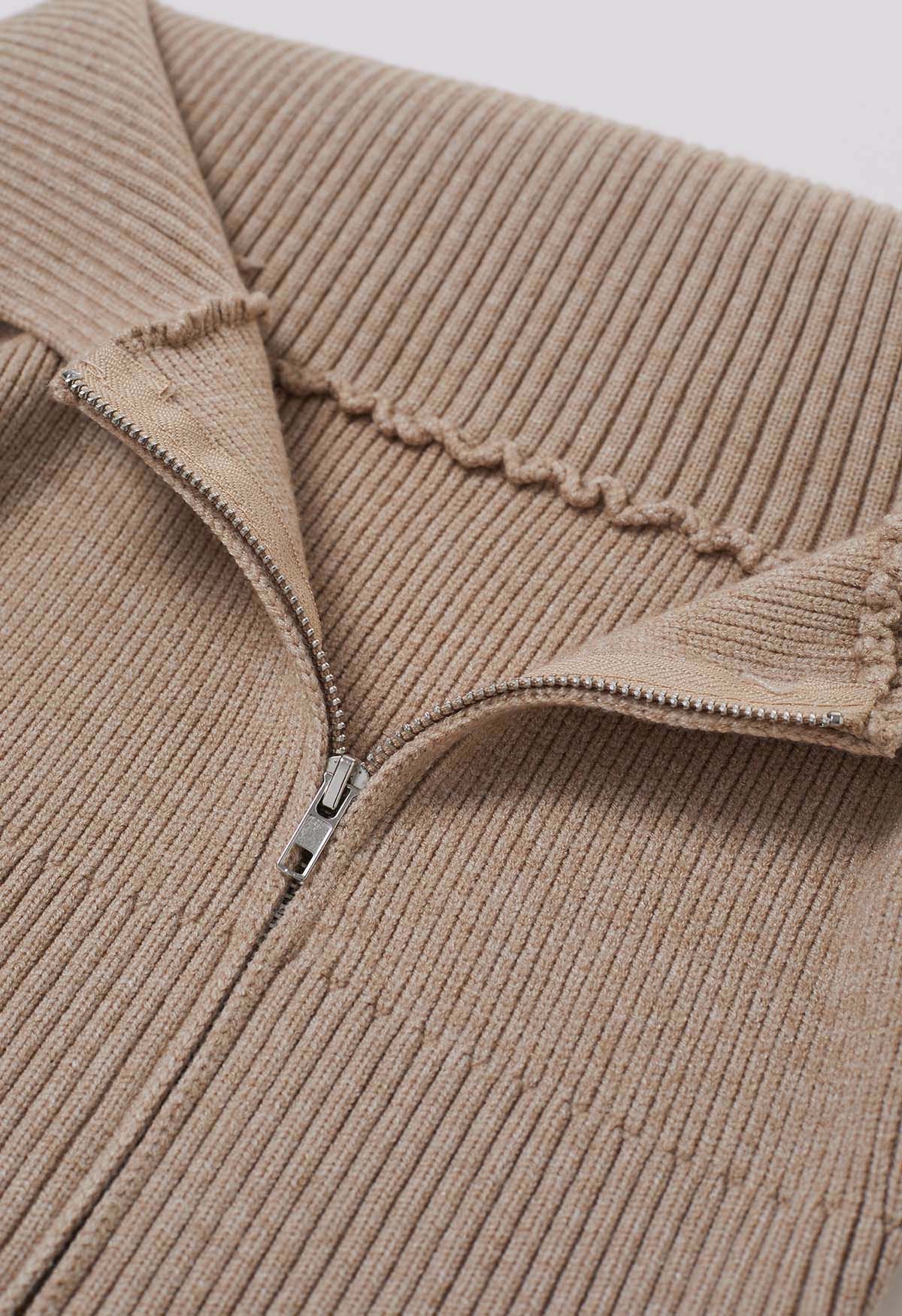 Flap Collar Zip Up Cropped Knit Top in Light Tan - Retro, Indie and ...
